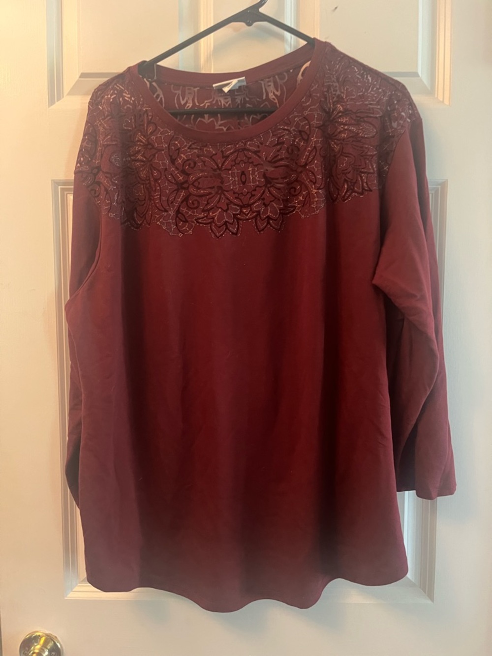 Ava & Viv Burgundy Long-Sleeve Top with Embellished Floral Yoke
